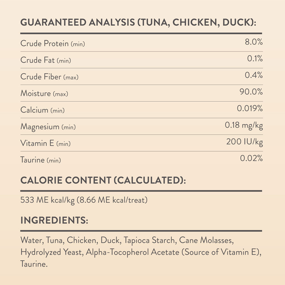 Guaranteed analysis, calorie content and ingredients - Tuna