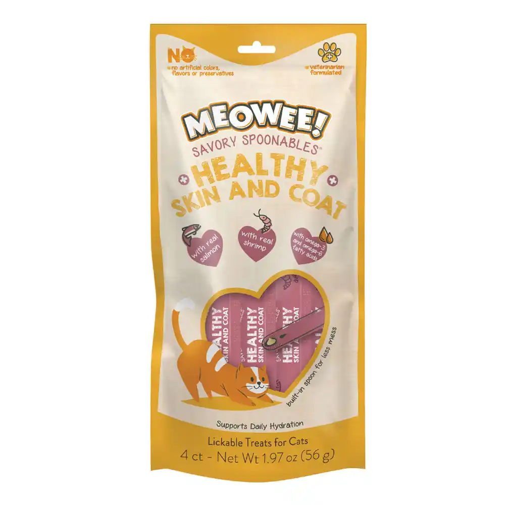 Meowee! Savory Spoonables Healthy Skin & Coat Treats for Cats, front of packaging, 4 Count