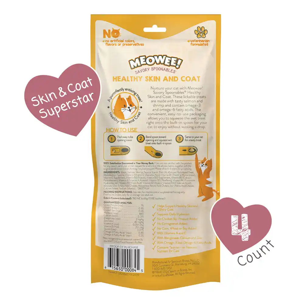 Meowee! Savory Spoonables Healthy Skin & Coat Treats for Cats, back of packaging, 4 Count