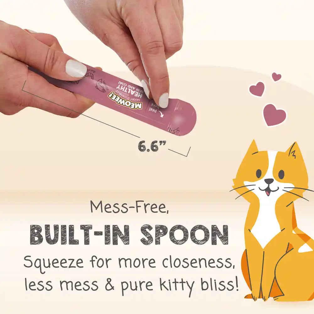 Mess-Free, Built-In Spoon. Squeeze for more closeness, less mess & pure kitty bliss!