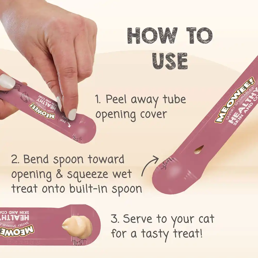 How to Use: 1. Peel away tube opening cover. 2. Bend spoon toward opening and squeeze wet treat onto built-in spoon. 3. Serve to your cat for a tasty treat!