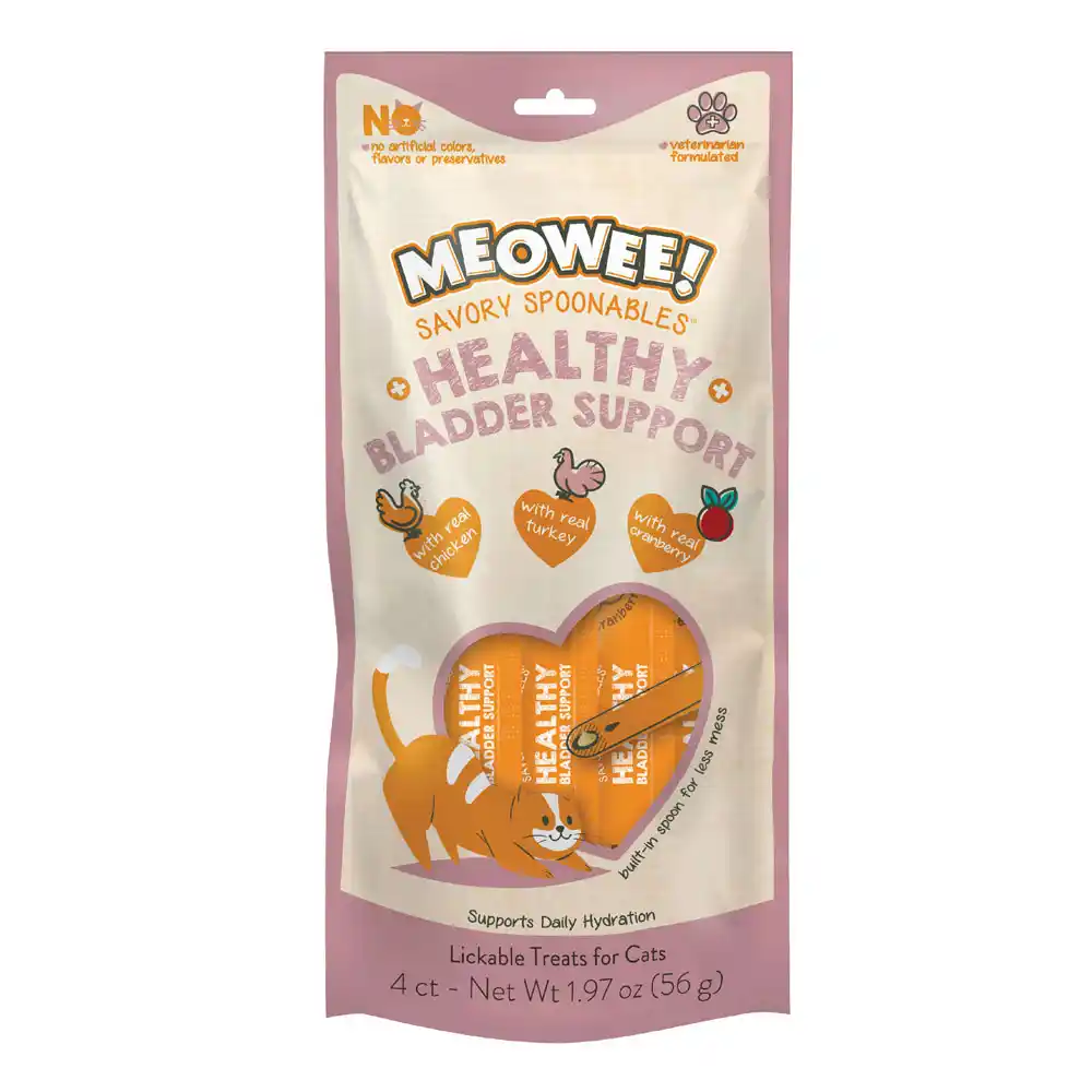 Meowee! Savory Spoonables Healthy Bladder Support Treats for Cats, front of packaging, 4 Count