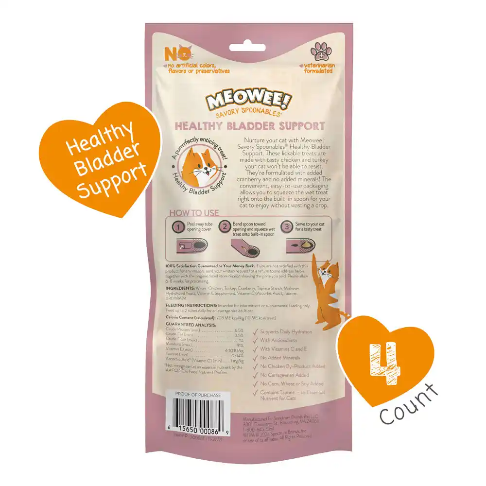 Meowee! Savory Spoonables Healthy Bladder Support Treats for Cats, back of packaging, 4 Count