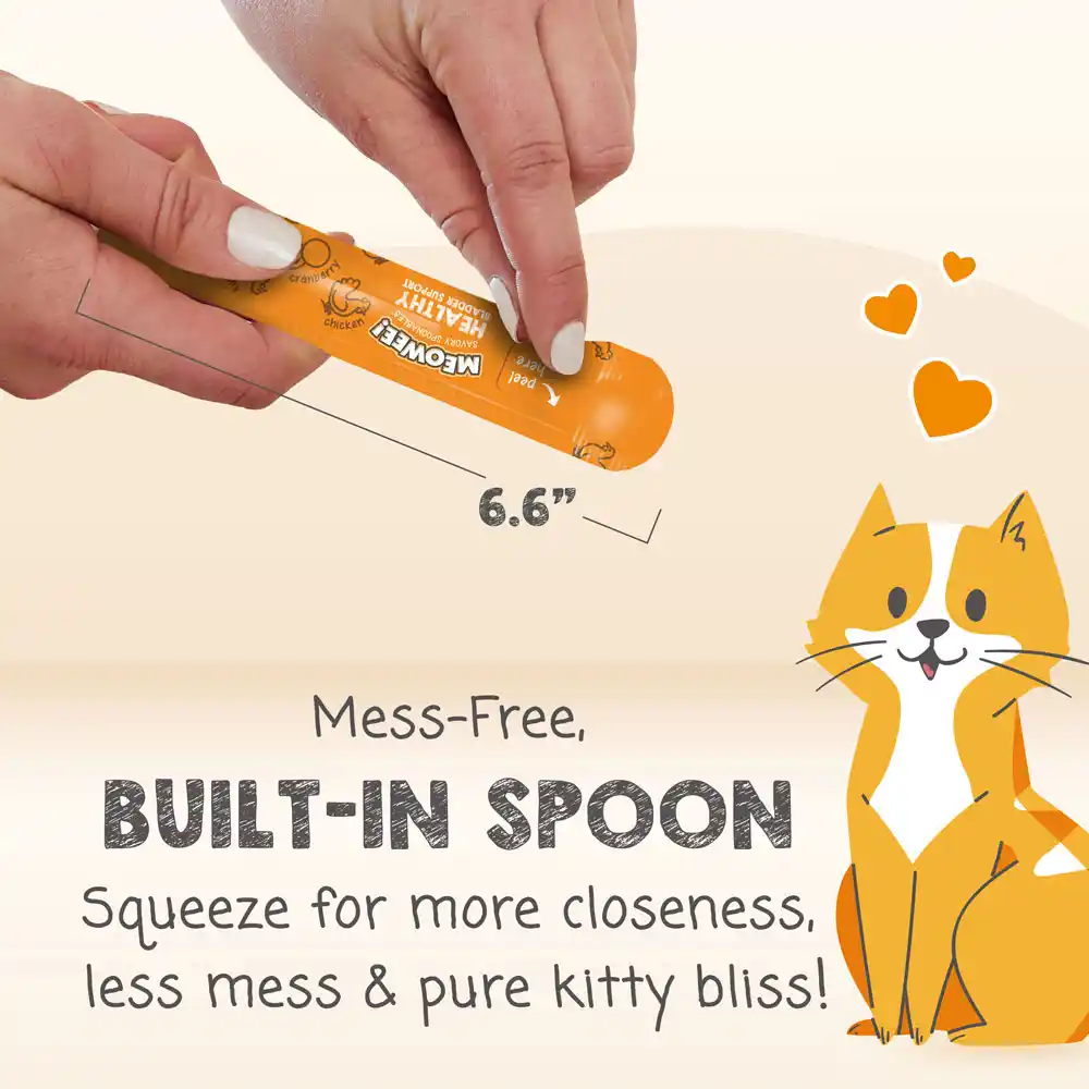 Mess-Free, Built-In Spoon. Squeeze for more closeness, less mess & pure kitty bliss!