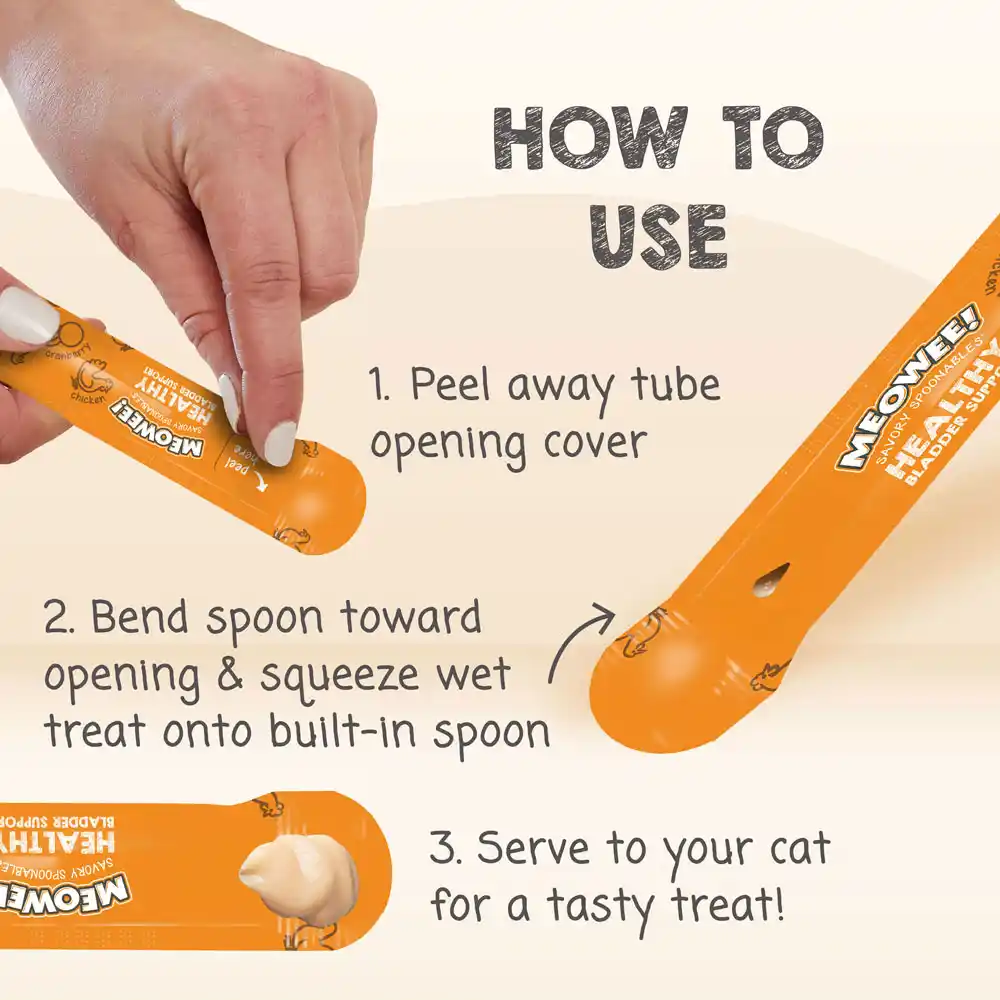  How to Use: 1. Peel away tube opening cover. 2. Bend spoon toward opening and squeeze wet treat onto built-in spoon. 3. Serve to your cat for a tasty treat!