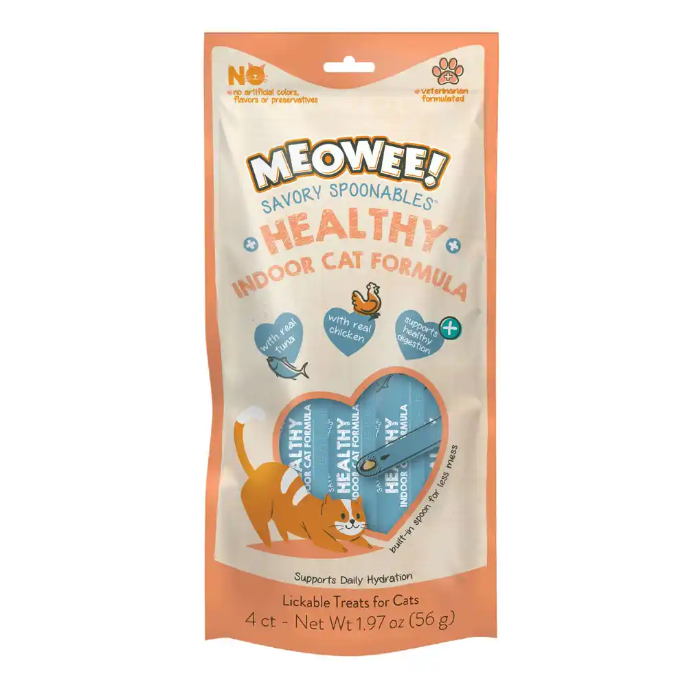 Meowee! Savory Spoonables Healthy Indoor Cats Treats, front of packaging, 4 Count