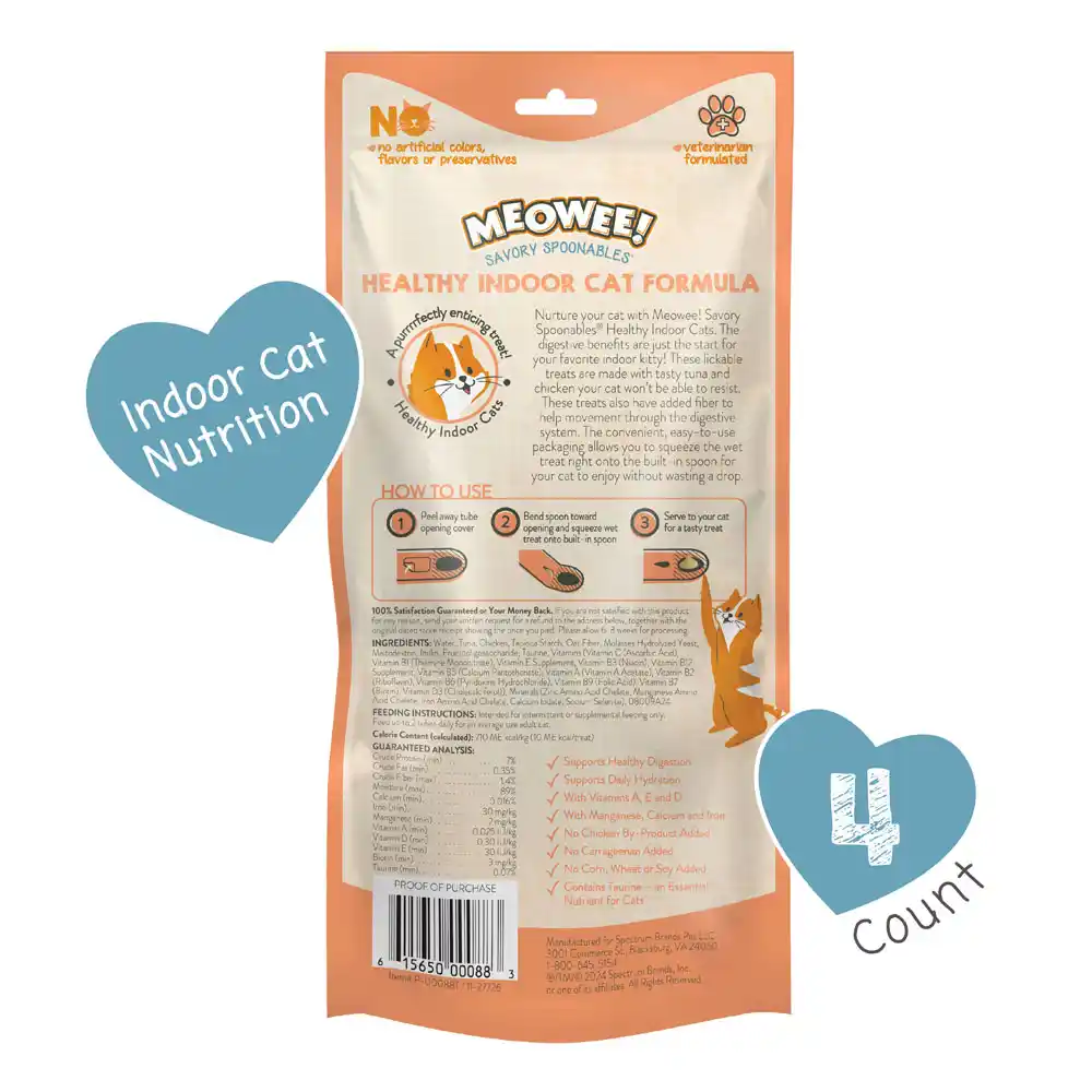 Meowee! Savory Spoonables Healthy Indoor Cats Treats, back of packaging, 4 Count