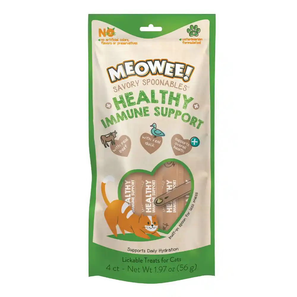 Meowee! Savory Spoonables Healthy Immune Support Treats for Cats, front of packaging 4 Count