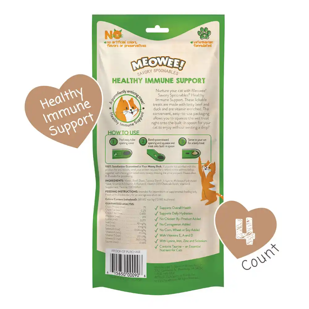 Meowee! Savory Spoonables Healthy Immune Support Treats for Cats, back of packaging 4 Count