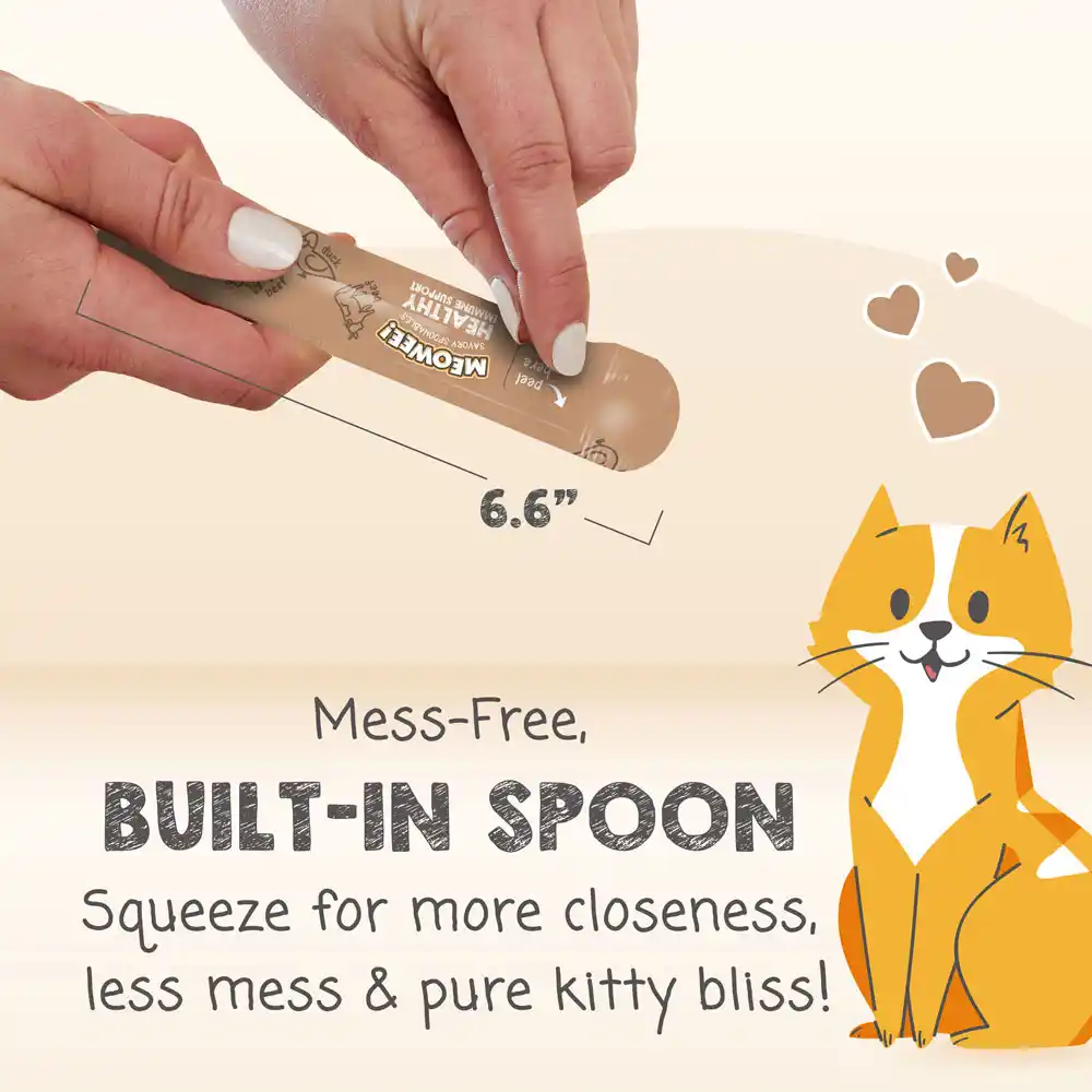 Mess-Free, Built-In Spoon. Squeeze for more closeness, less mess & pure kitty bliss!