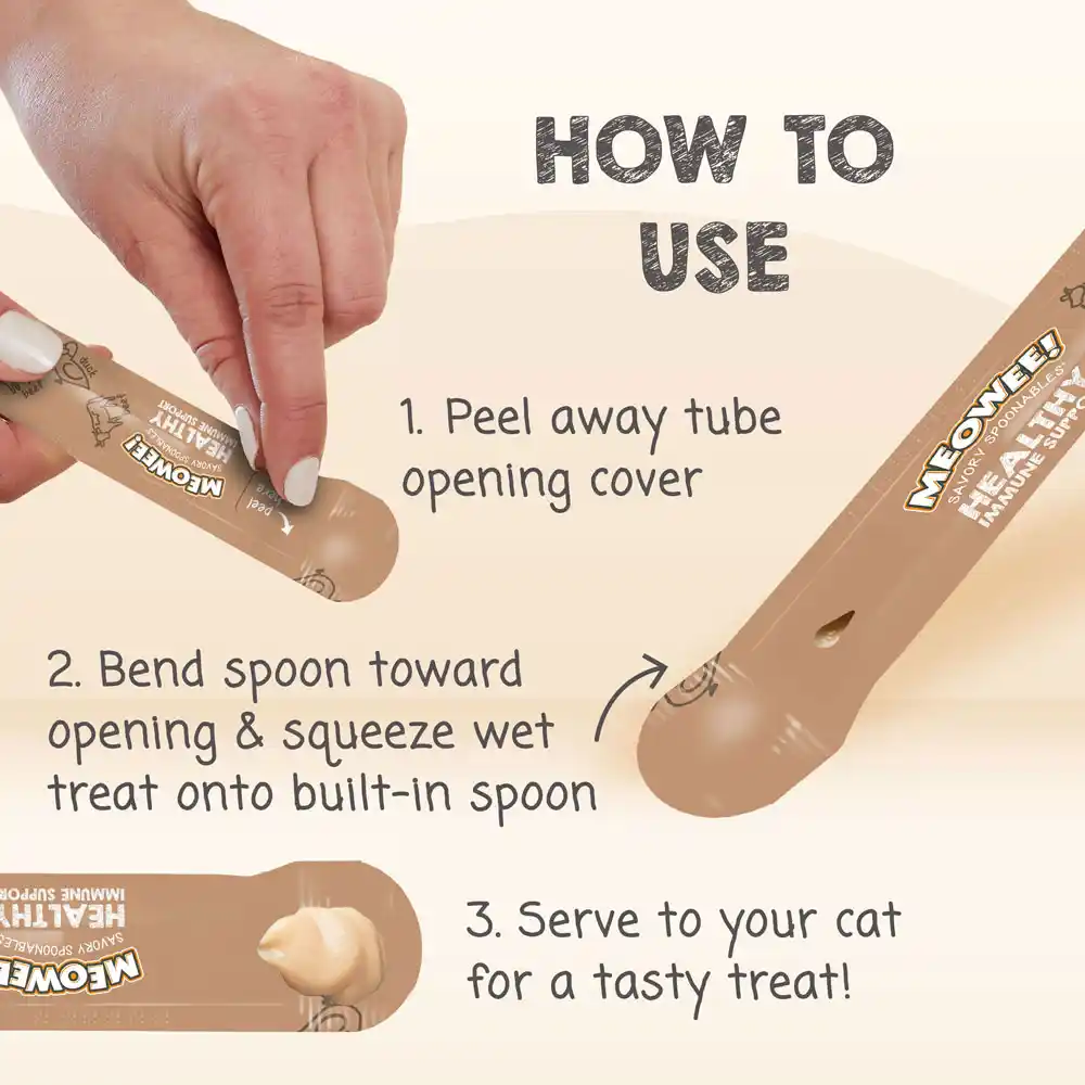 How to Use: 1. Peel away tube opening cover. 2. Bend spoon toward opening and squeeze wet treat onto built-in spoon. 3. Serve to your cat for a tasty treat!