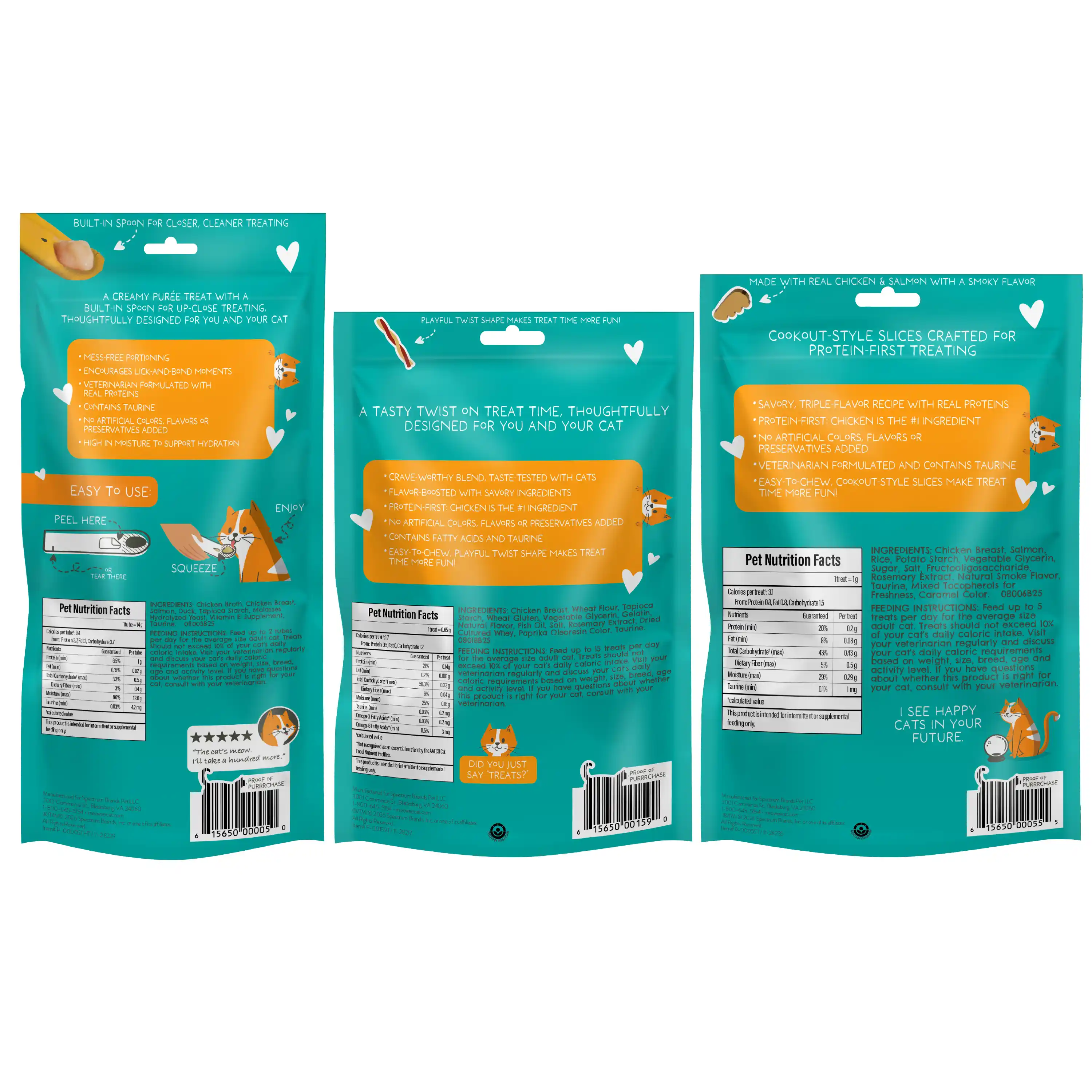 Savory Spoonables, Savory Slices and Tasty Twists back of packages, 3 count