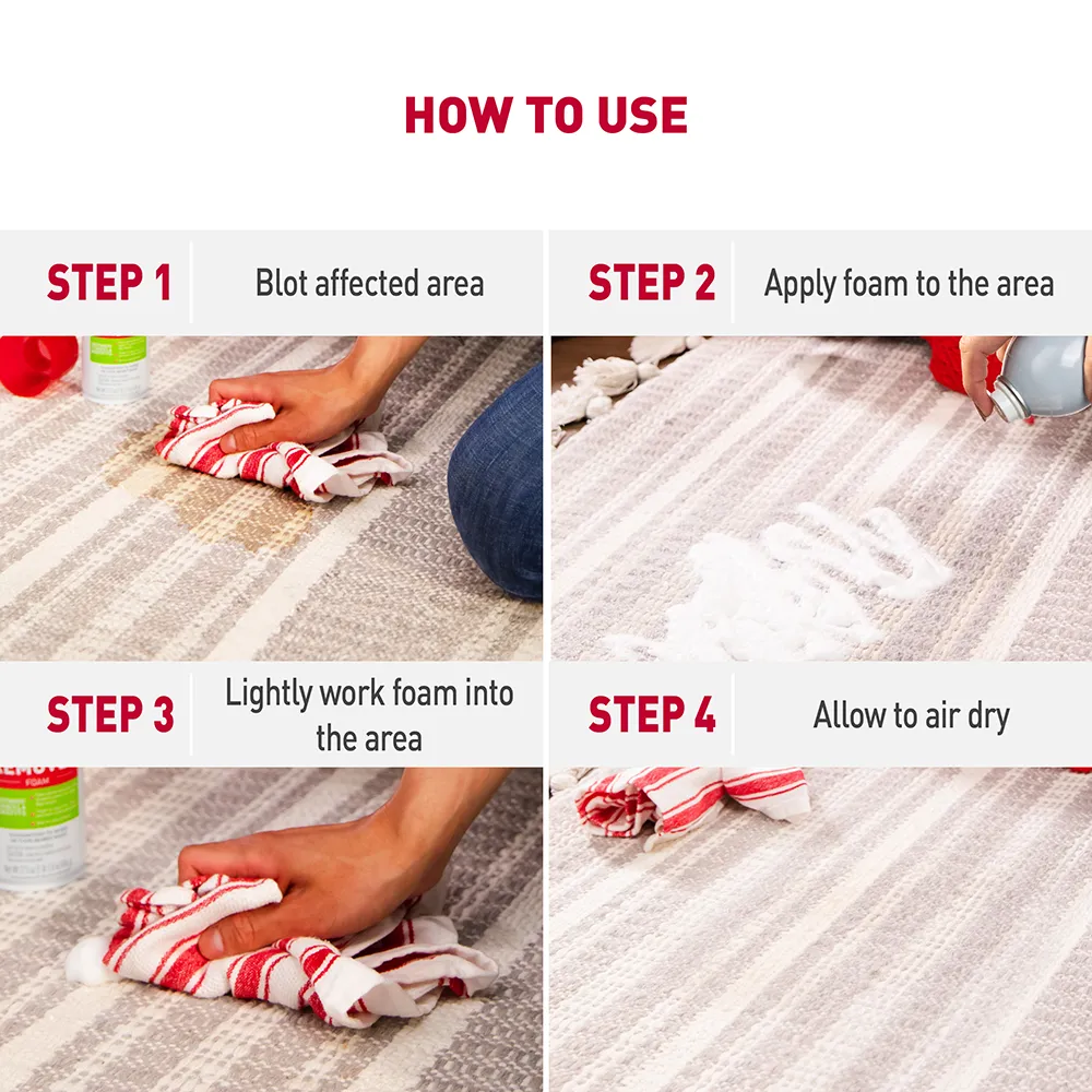 Blot affected area. Apply foam to the area. lightly work foam into the area. allow to air dry.