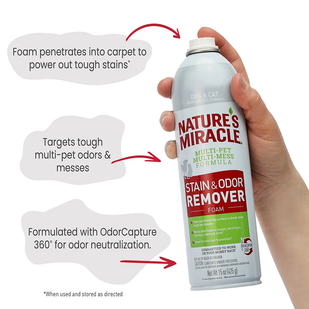 Foam penetrates into carpet to power out tough stains and targets multi-pet odors and messes.
