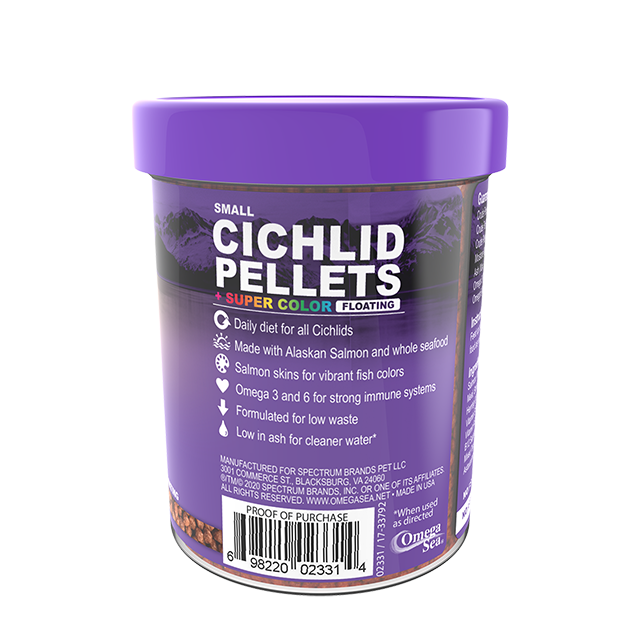 02331 Omega One Small Floating Cichlid Pellets 3.5 oz Back Angle