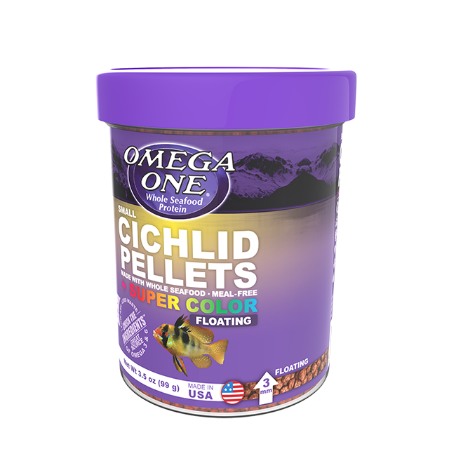 02331 Omega One Small Floating Cichlid Pellets 3.5 oz Front Angle