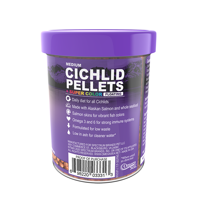 03331 Omega One Medium Cichlid Floating Pellets 3.5 oz Back Angle