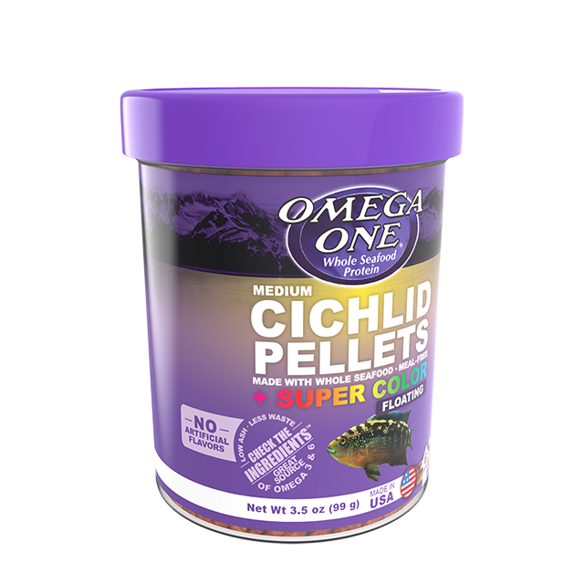 03331 Omega One Medium Cichlid Floating Pellets 3.5 oz Front Angle