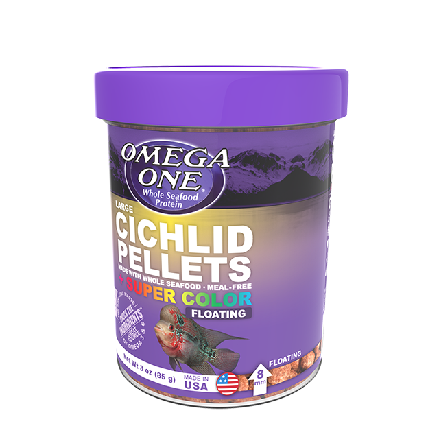 04331 Omega One Large Floating Cichlid Pellets 3 oz Front Angle