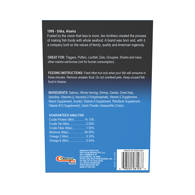 06103 Omega One Frozen Marine Carnivore Formula 3.5 oz Back