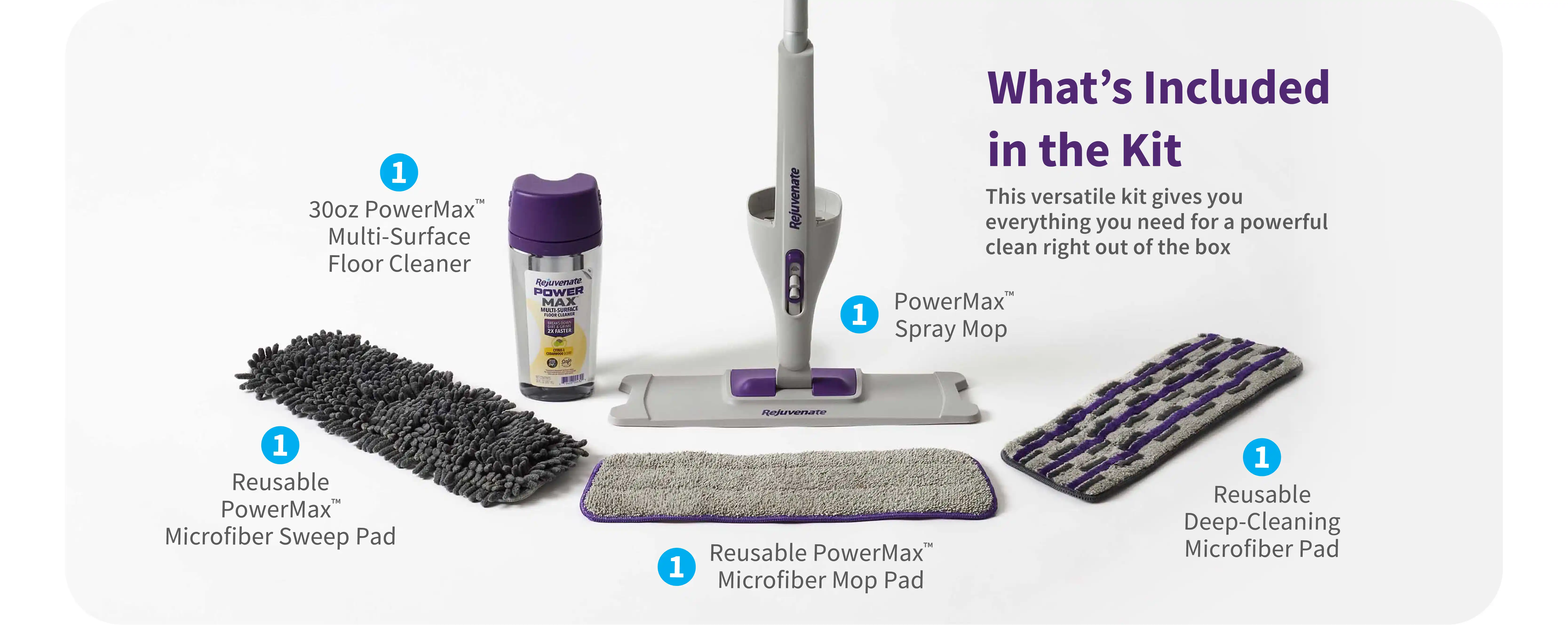 What's included in the kit. This versatile kit gives you everything you need for a powerful clean right out of the box. 1 30oz PowerMax Multi-Surface floor cleaner. 1 PowerMax Spray mop. 1 Reusable PowerMax Microfiber sweep pad. 1 Reusable PowerMax Microfiber Mop pad and 1 Reusable deep-cleaning microfiber pad. 