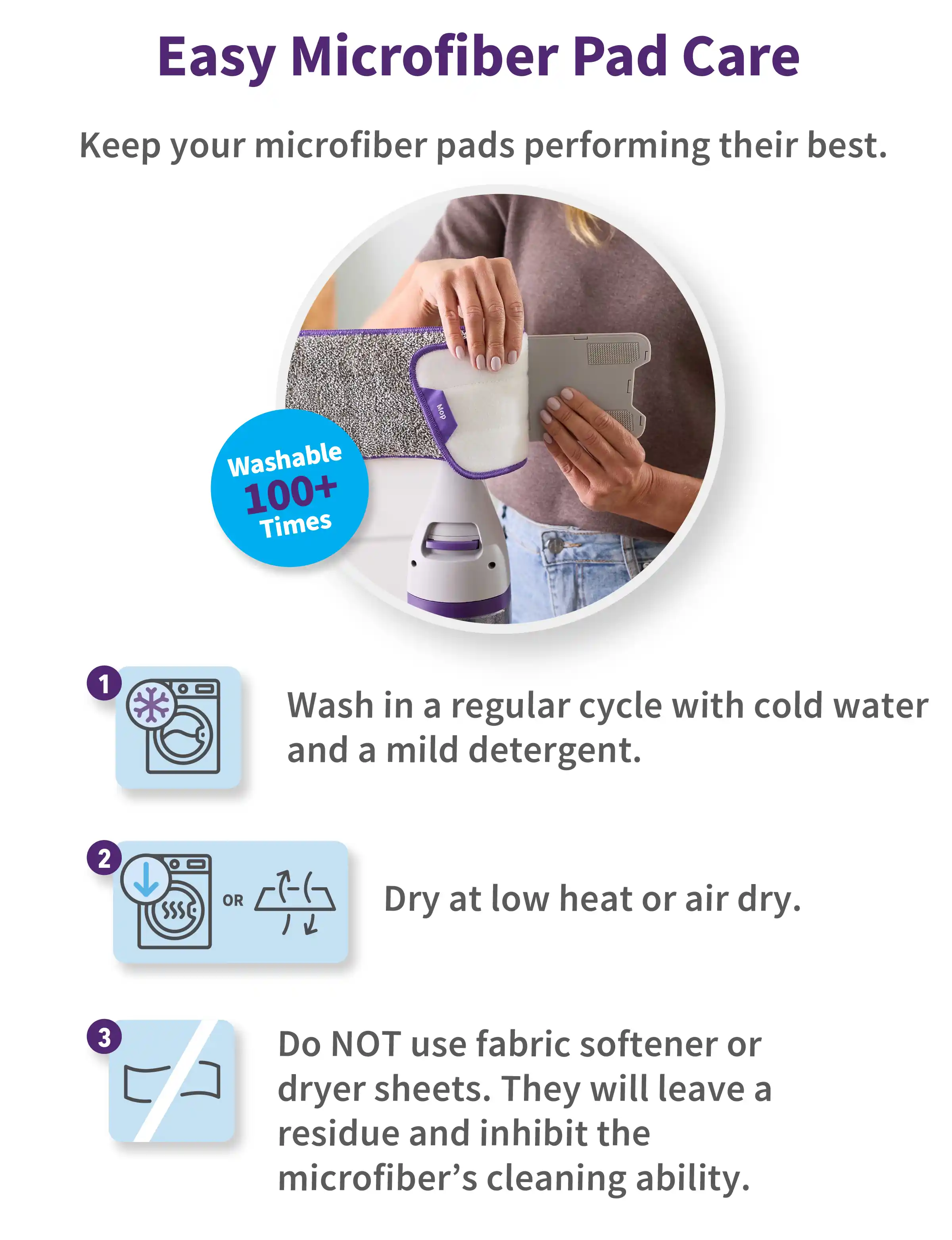 Easy Microfiber Pad Care. Keep your microfiber pads performing their best. 1. Wash in a regular cycle with cold water and a mild detergent. 2. Dry at low heat or air dry. 3. Do NOT use fabric softener or dryer sheets. They will leave a residue and inhibit the microfibers cleaning ability.