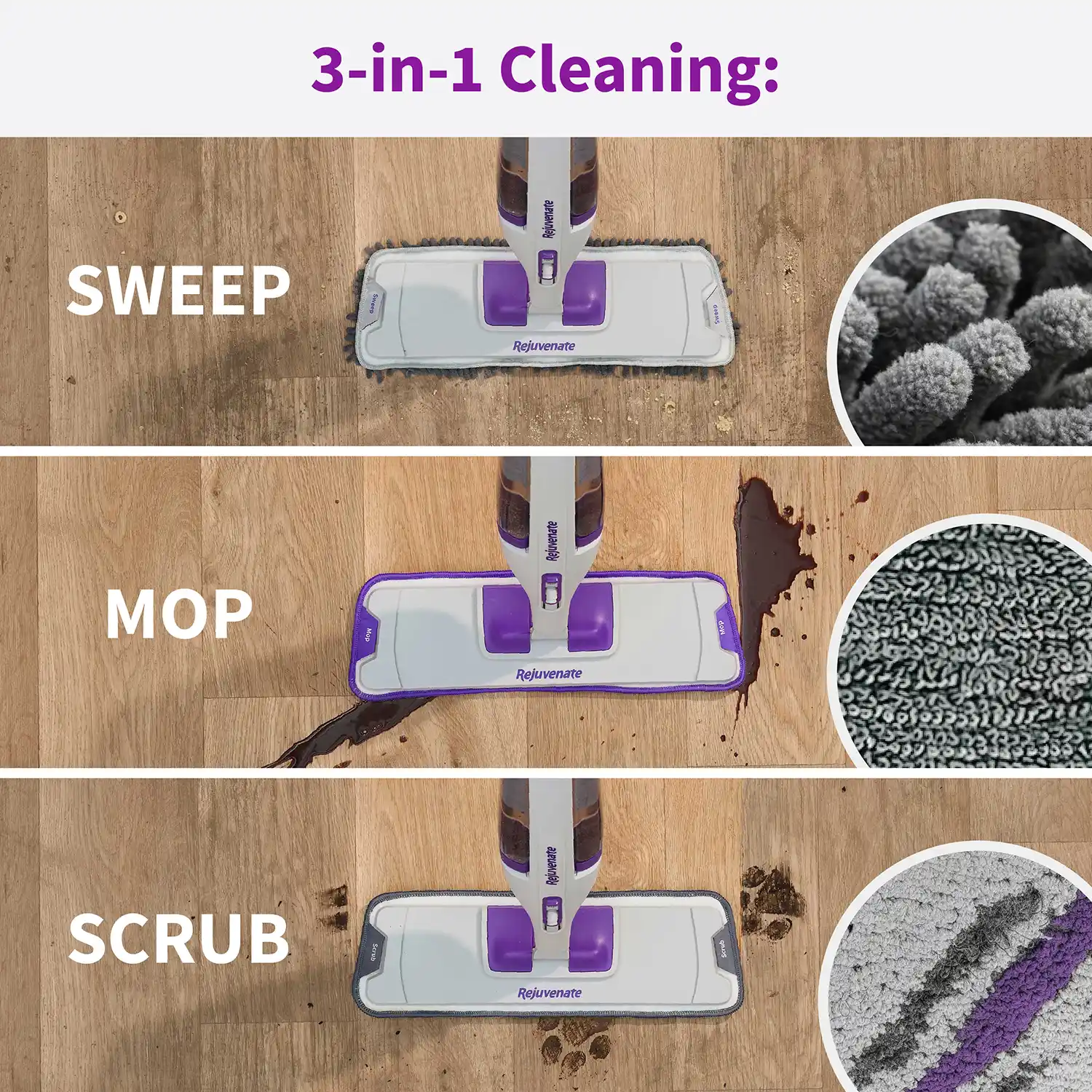 3-in-1 Cleaning: SWEEP • MOP • SCRUB 