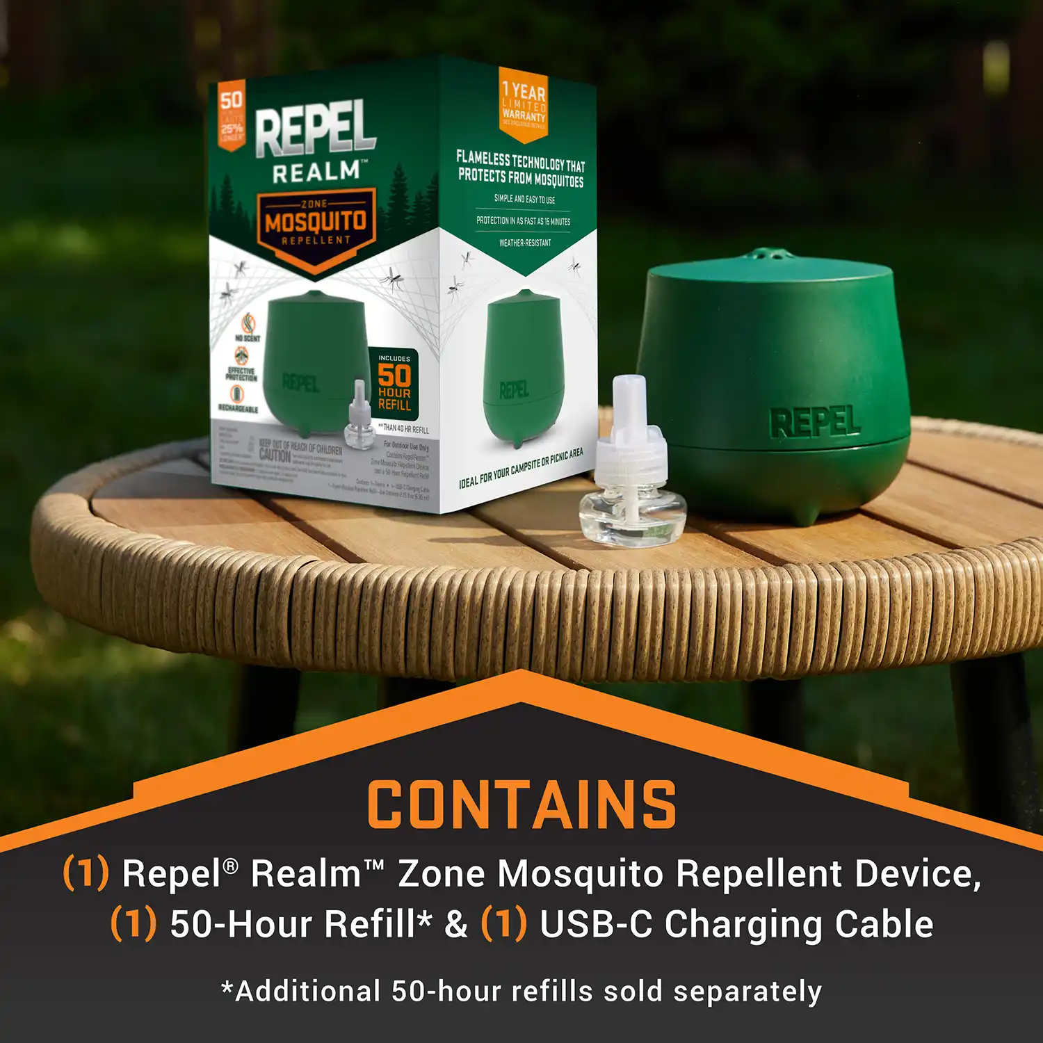 CONTAINS (1) Repel® Realm™ Zone Mosquito Repellent Device, (1) 50-Hour Refill* & (1) USB-C Charging Cable *Additional 50-hour refills sold separately