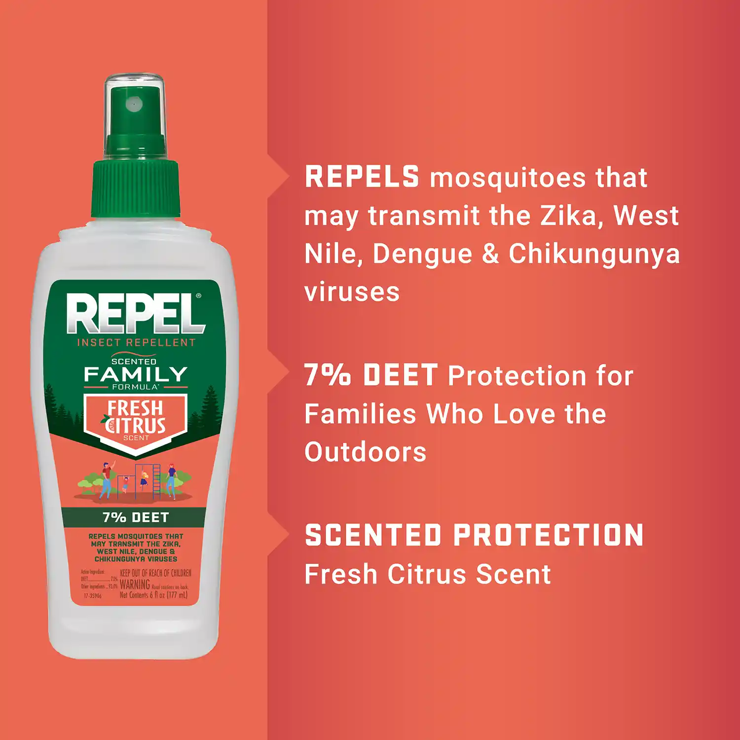 REPELS mosquitoes that may transmit the Zika, West Nile, Dengue & Chikungunya viruses 7% DEET Protection for Families Who Love the Outdoors SCENTED PROTECTION Fresh Citrus Scent