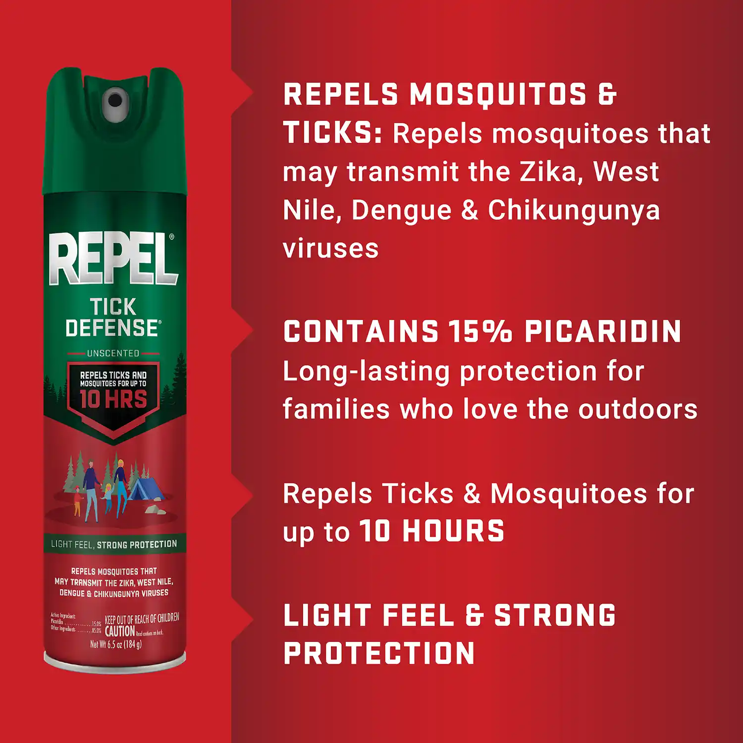 REPELS MOSQUITOS & TICKS: Repels mosquitoes that may transmit the Zika, West Nile, Dengue & Chikungunya viruses CONTAINS 15% PICARIDIN Long-lasting protection for families who love the outdoors Repels Ticks & Mosquitoes for up to 10 HOURS LIGHT FEEL & STRONG PROTECTION