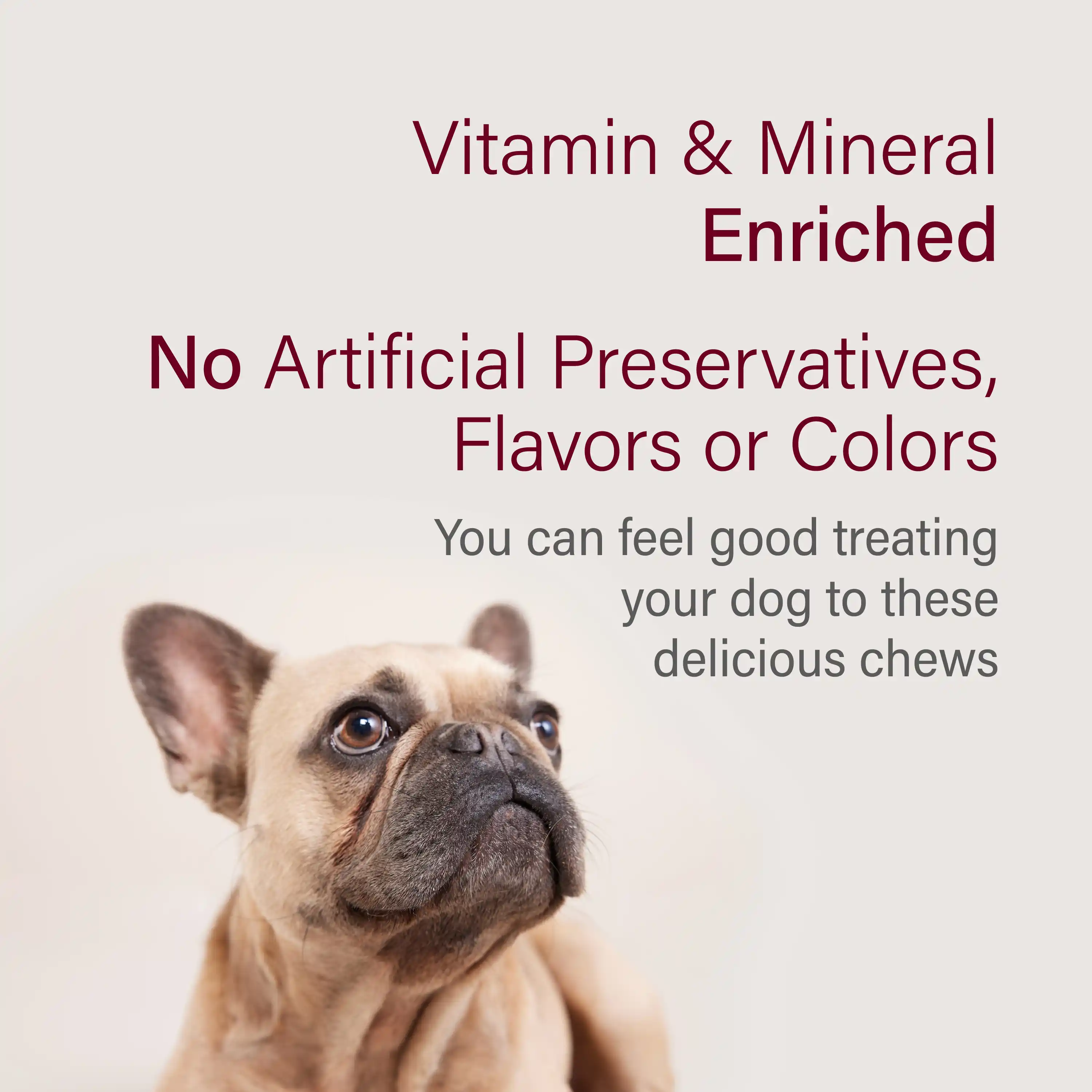 Vitamin and mineral enriched. No artificial preservatives, flavors or colors. You can feel good treating your dog to these delicious chews.