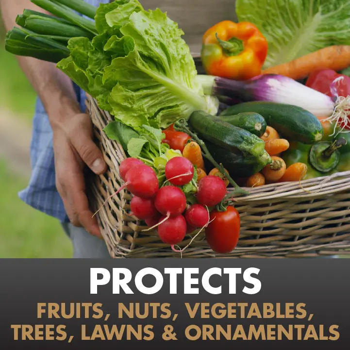 Protects fruits, nuts, vegetables, trees, lawns, and ornamentals