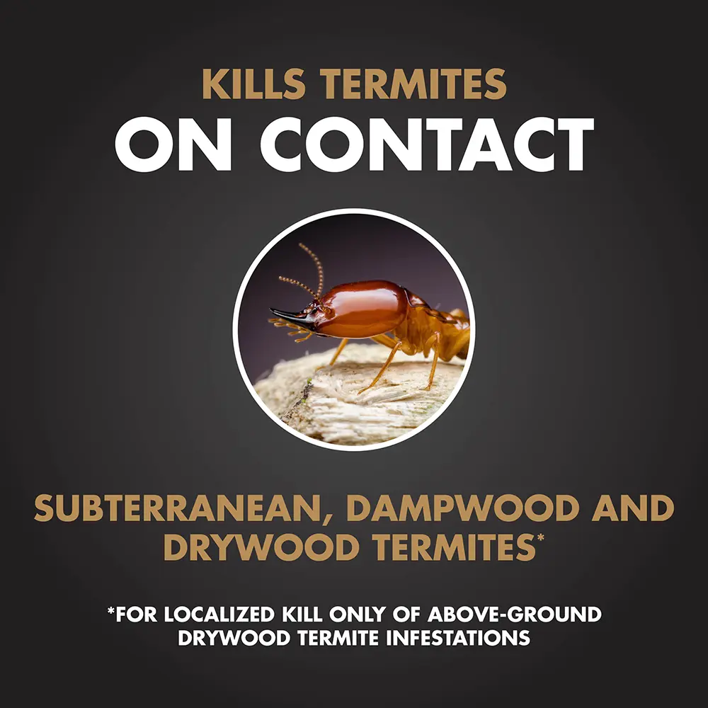Kills Termites on Contact: Subterranean, Dampwood, and Drywood Termites (for localized kill only of the above-ground drywood termite infestations)