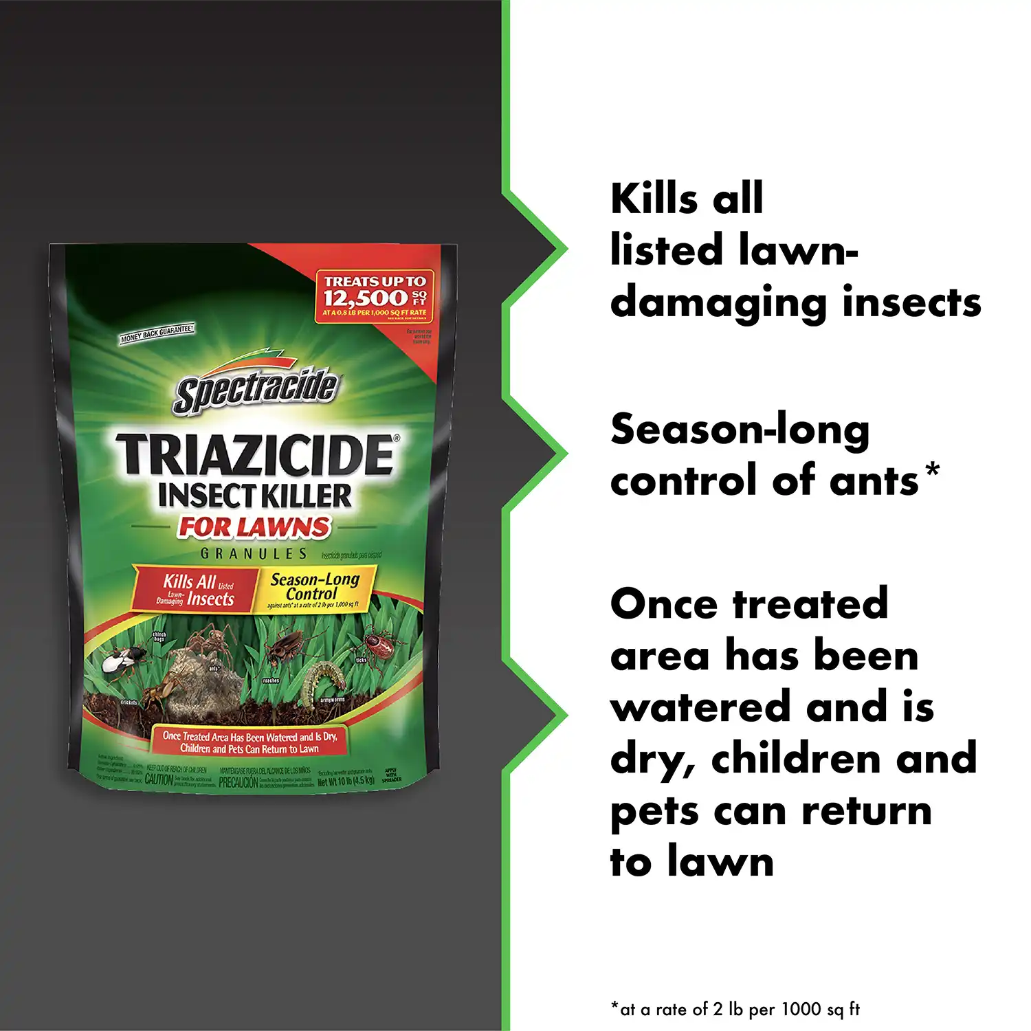 Kills all listed lawn-damaging insects Season-long control of ants* Once treated area has been watered and is dry, children and pets can return to lawn * at a rate of 2 lb per 1000 sq ft