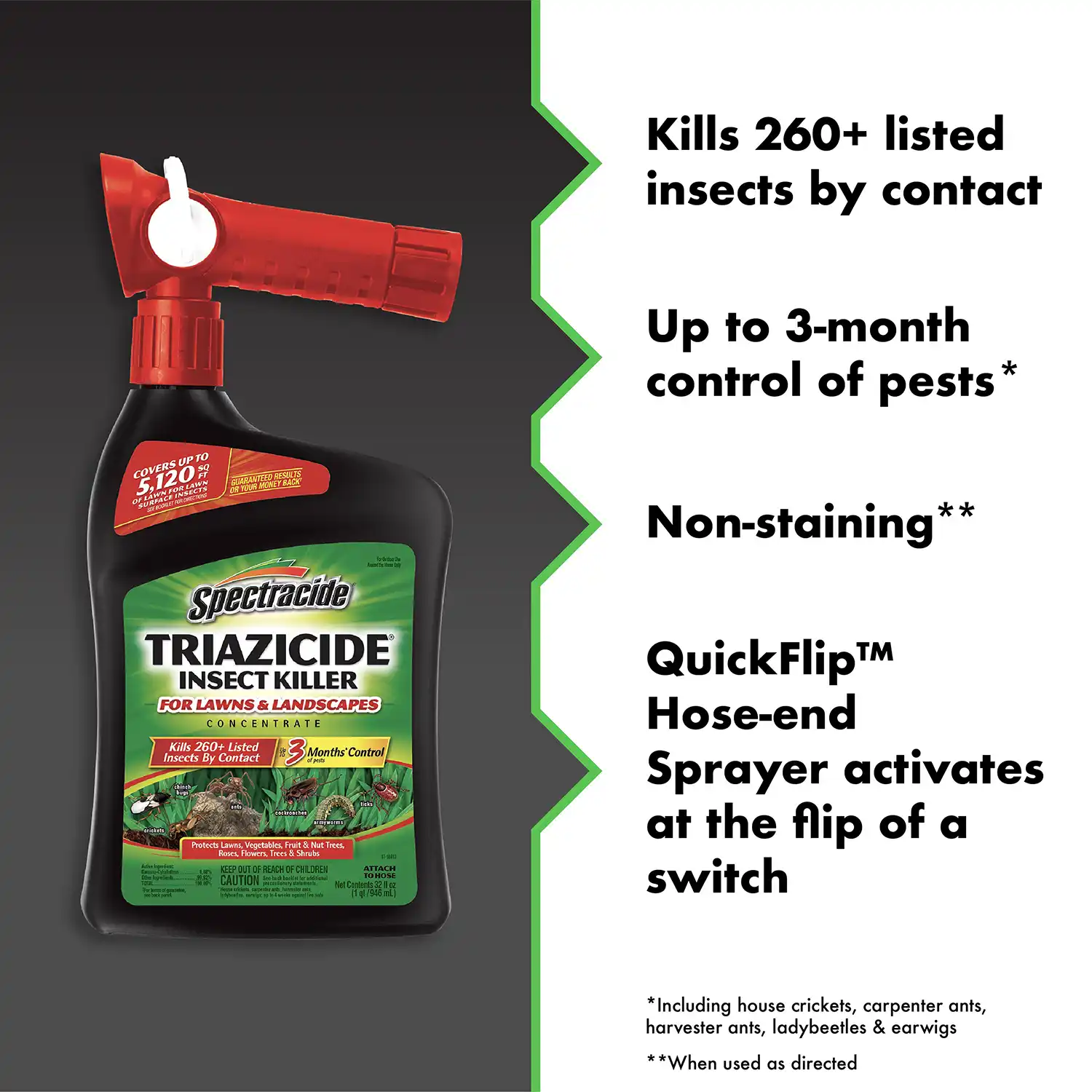 Kills 260+ listed insects by contact Up to 3-month control of pests* Non-staining** QuickFlip™M Hose-end Sprayer activates at the flip of a switch *Including house crickets, carpenter ants, harvester ants, ladybeetles & earwigs **When used as directed