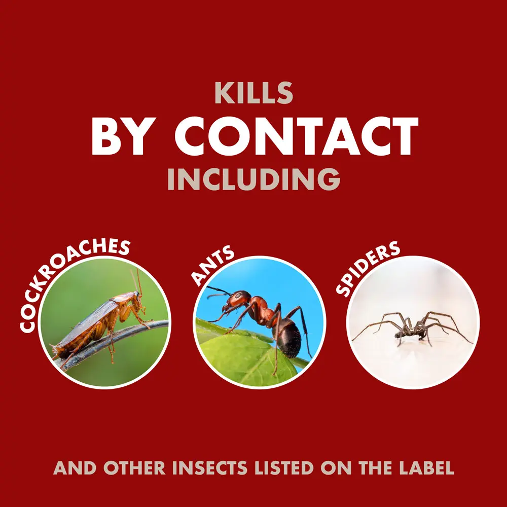 Kills By Contact Including: cockroaches, ants, spiders, and other insects listed on the label
