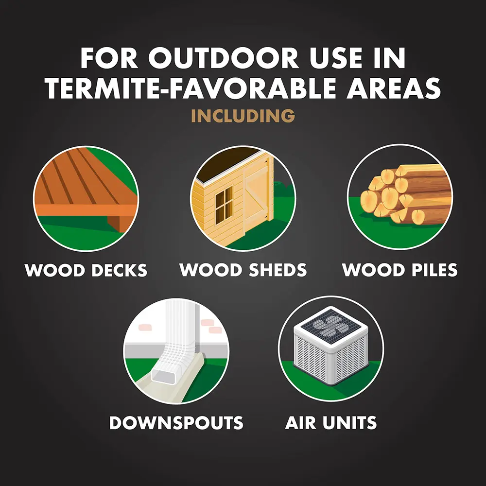 For Outdoor Use in Termite-Favorable Areas: wood decks, wood sheds, wood piles, downspouts, air units