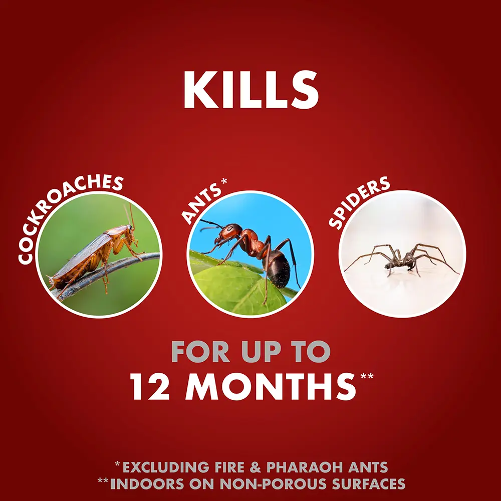 Kills Cockroaches, Ants*, and Spiders for up to 12 Months** (*excluding fire and pharaoh ants; **indoors on non-porous surfaces)