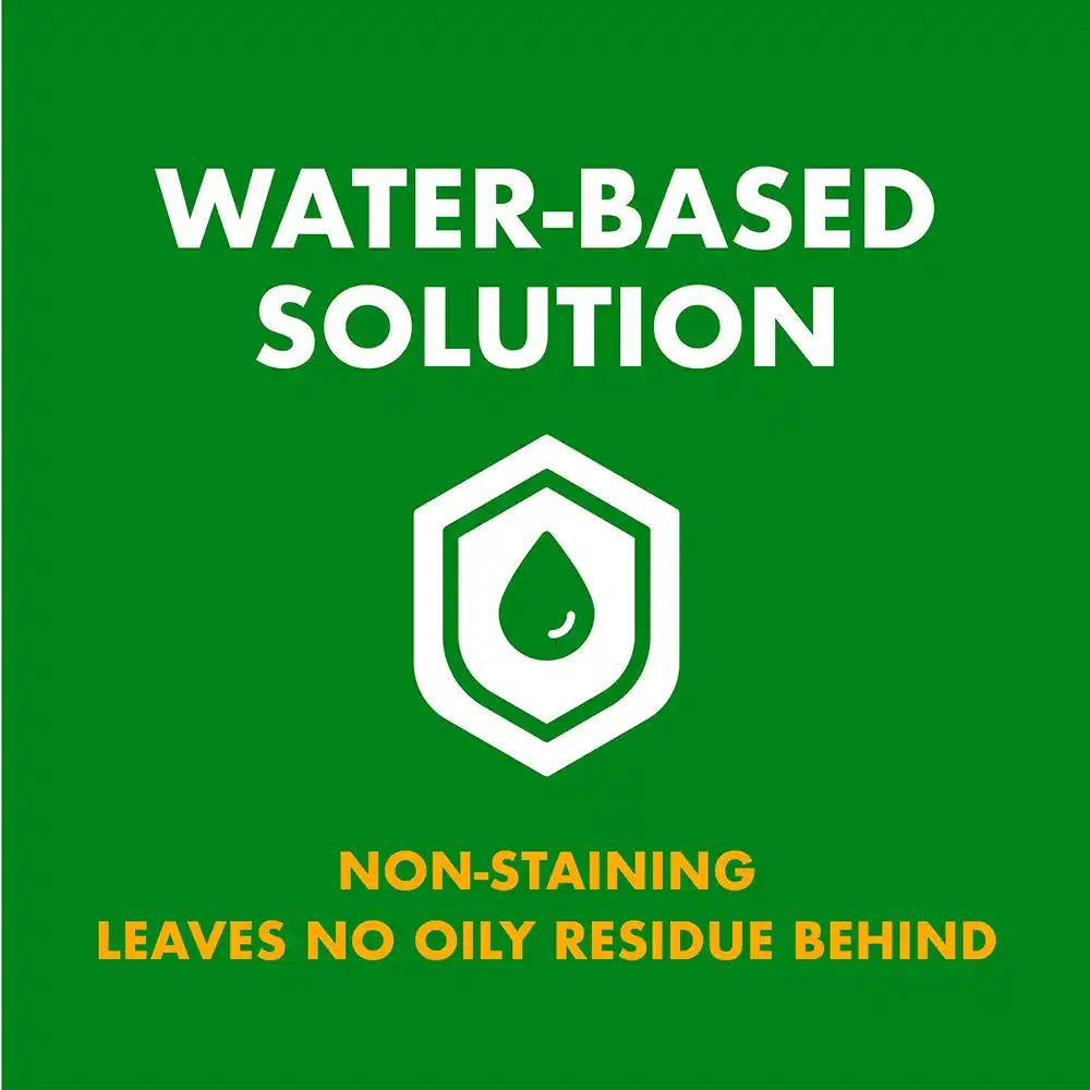 Water-Based Solution, Non-Staining, Leaves No Oily Residue Behind