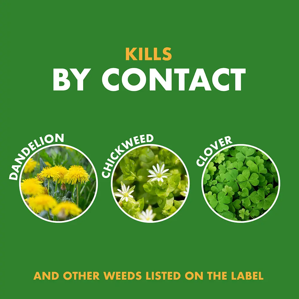 Kills by Contact: Dandelion, chickweed, clover, and other weeds listed on the label
