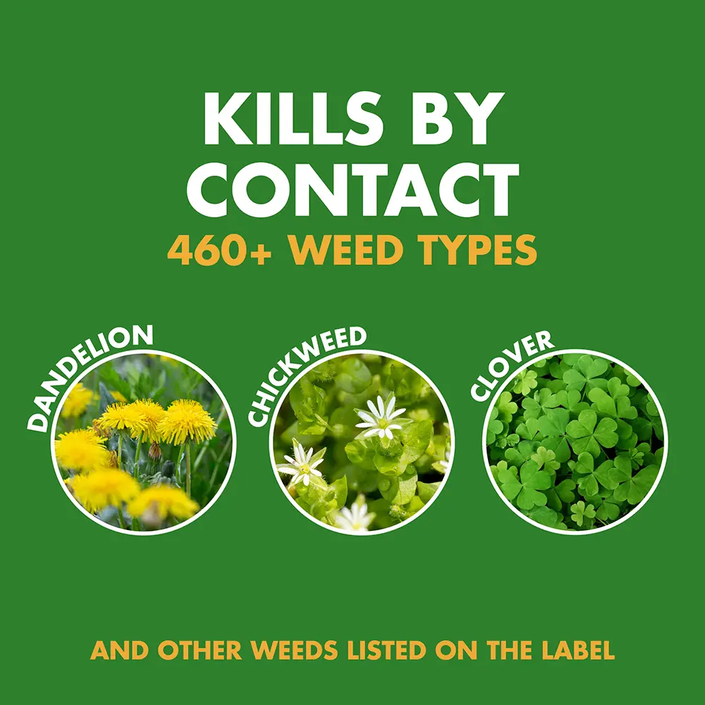 Kills by Contact: 460+ Weed Types, dandelion, chickweed, clover, and other weeds listed on the label