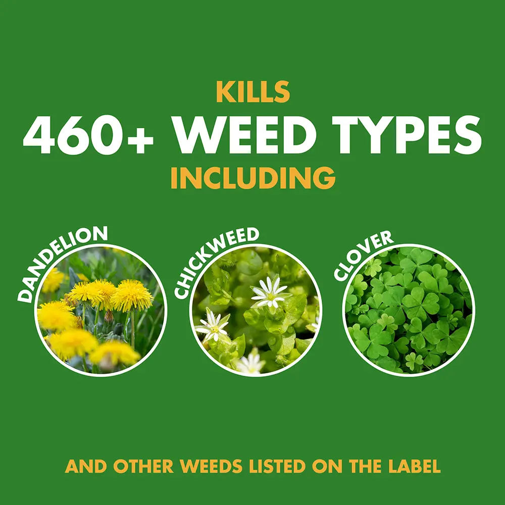 Kills 460+ Weed Types Including: dandelion, chickweed, clover, and other weeds listed on the label