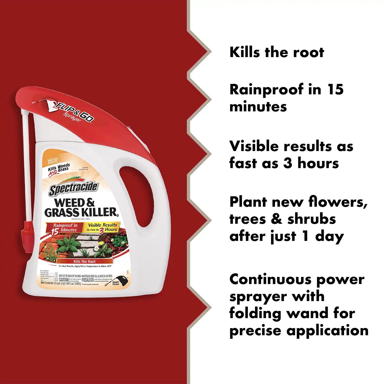 Kills the root Rainproof in 15 minutes Visible results as fast as 3 hours Plant new flowers, trees & shrubs after just 1 day Continuous power sprayer with folding wand for precise application