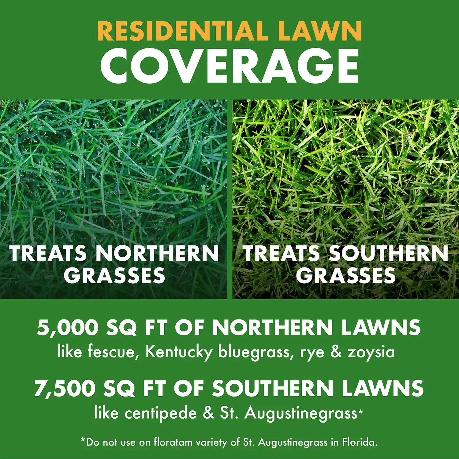 RESIDENTIAL LAWN COVERAGE TREATS NORTHERN TREATS SOUTHERN GRASSES GRASSES 5,000 SQ FT OF NORTHERN LAWNS like fescue, Kentucky bluegrass, rye & zoysia 7,500 SQ FT OF SOUTHERN LAWNS like centipede & St. Augustinegrass*