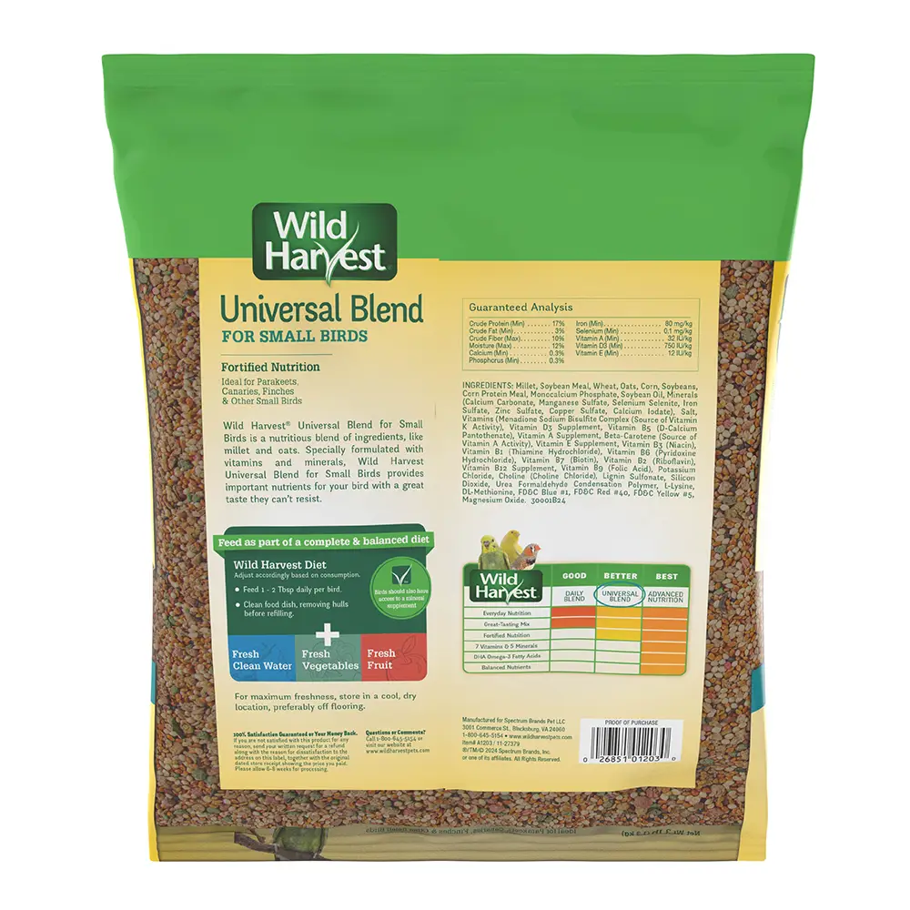 Wild Harvest Universal Blend for Small Birds 3 Pounds - Back of Package