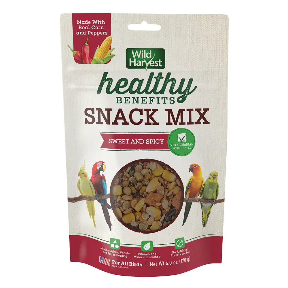 Wild Harvest Healthy Benefits Snack Mix Sweet and Spicy, For All Birds, Nutritious & Delicious Treat Made with Corn, Tasty Sunflower Seeds and Spicy Red Peppers - front of package