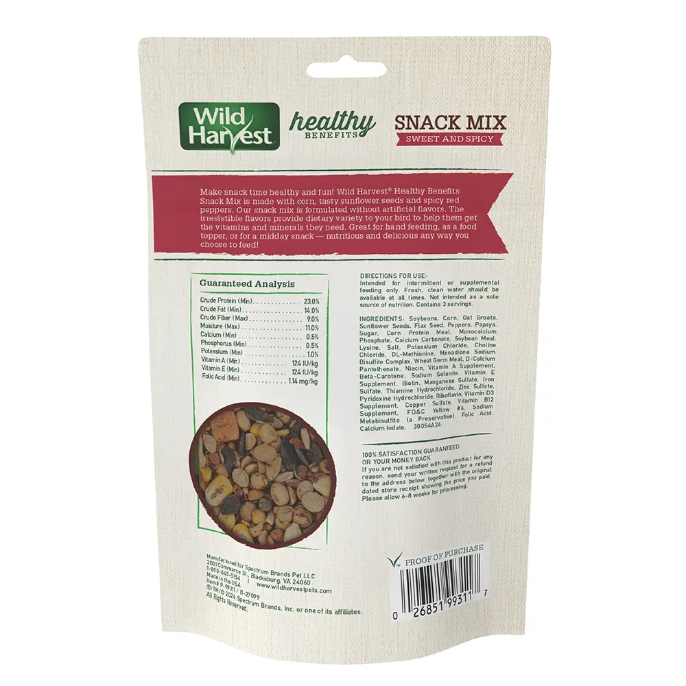 Wild Harvest Healthy Benefits Snack Mix Sweet and Spicy, For All Birds, Nutritious & Delicious Treat Made with Corn, Tasty Sunflower Seeds and Spicy Red Peppers - back of package