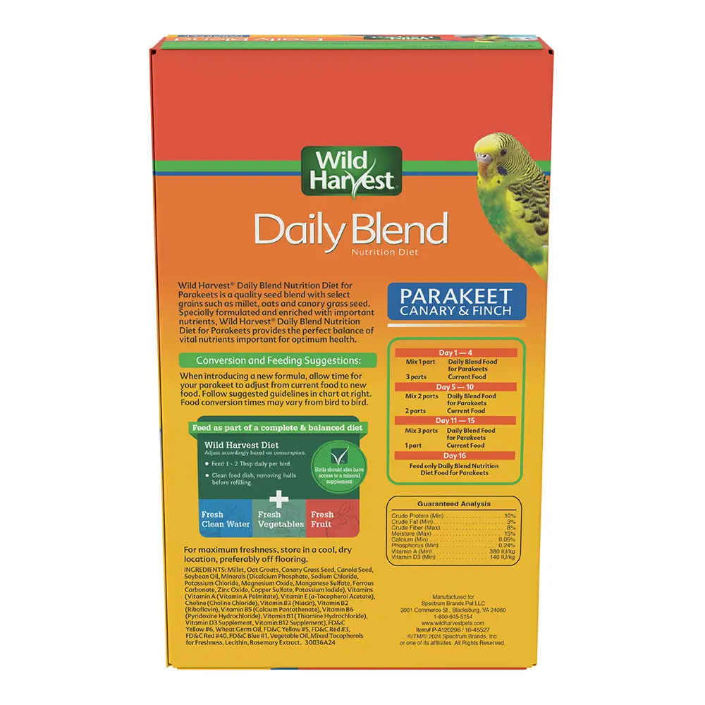 Daily Blend for Parakeets, Canaries and Finches 2 lbs - back of package