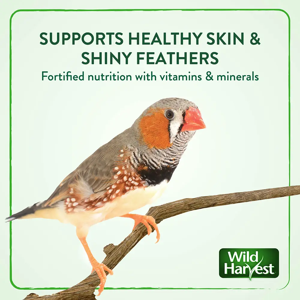 SUPPORTS HEALTHY SKIN and SHINY FEATHERS. Fortified nutrition with vitamins and minerals.