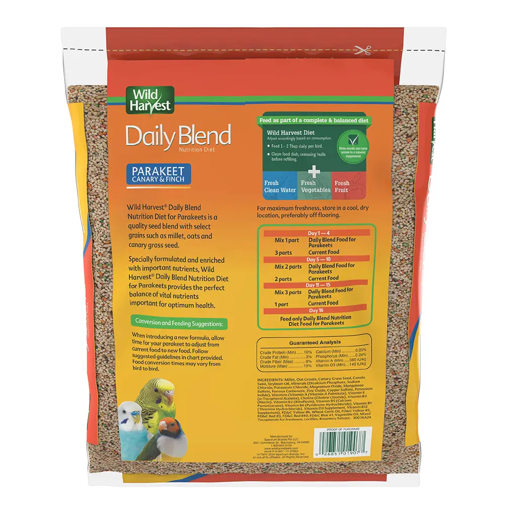 Daily Blend Nutrition Diet for Parakeets, Canaries and Finches - 5 Pounds - back of package